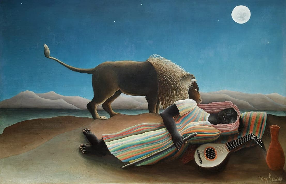 The Sleeping Gypsy (French: La Bohémienne endormie) is an 1897 oil painting by French Naïve artist Henri Rousseau (1844–1910). It is a fantastical depiction of a lion musing over a sleeping woman on a moonlit night. Rousseau first exhibited the painting at the 13th Salon des Indépendants, and tried unsuccessfully to sell it to the mayor of his hometown, Laval. Instead, it entered the private collection of a Parisian charcoal merchant where it remained until 1924, when it was discovered by the art critic Louis Vauxcelles.